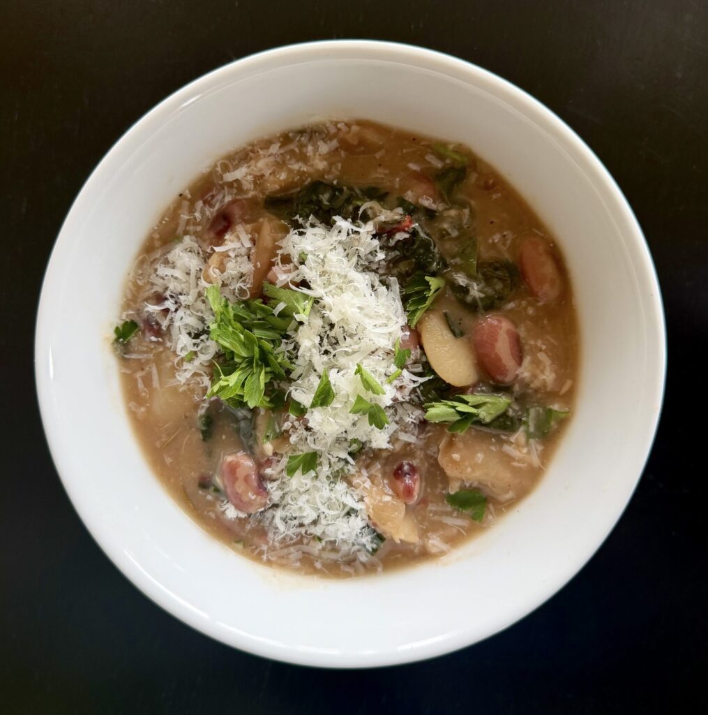 Hearty bean and greens stew in bowl in Steamboat Springs Colorado