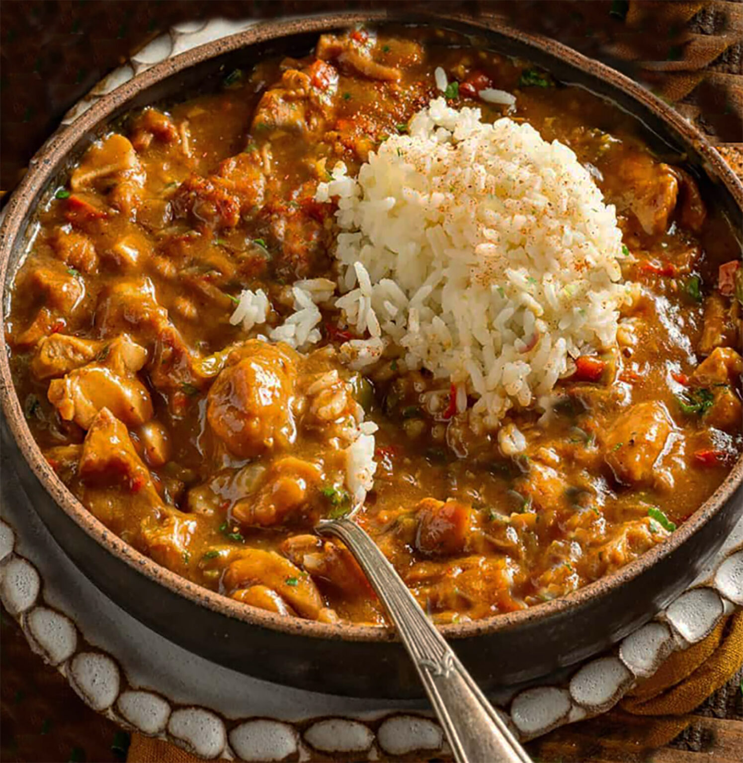 Chicken étouffée stew served with rice in Steamboat Springs Colorado