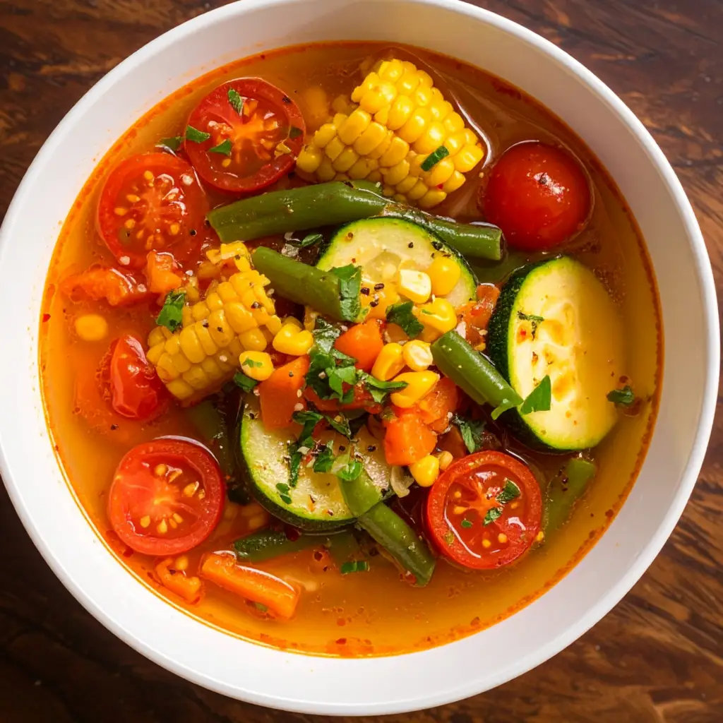 Summer succotash with corn, zucchini, green beans, cherry tomatoes, and fresh herbs in a light broth